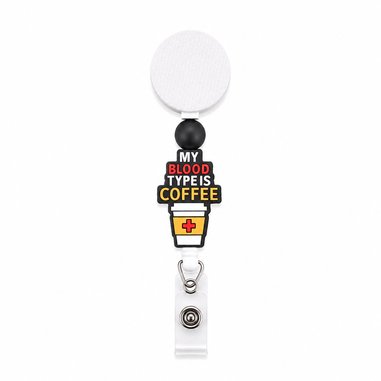 My Blood Type Is Coffee badge reel featuring a coffee cup design, black accent bead, white retractable badge reel, and humorous healthcare work accessory.