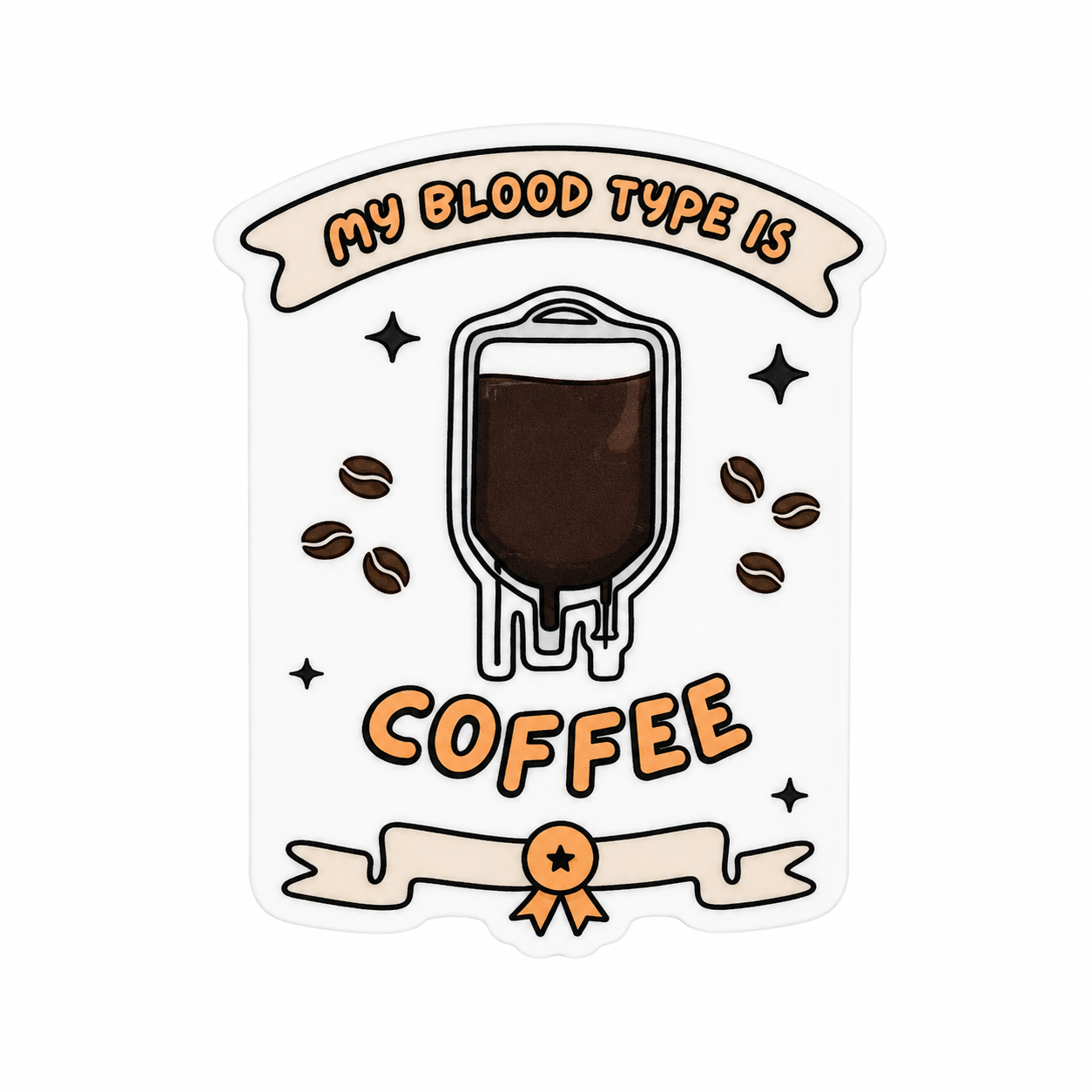 MY BLOOD TYPE IS COFFEE plastic add-on with coffee IV bag, coffee beans, stars, and ribbon detail, compatible with interchangeable badge reel bases.