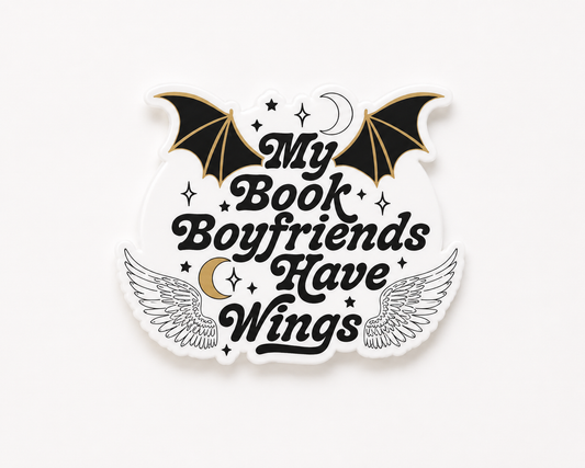 Fantasy reader plastic add-on with “My Book Boyfriends Have Wings” quote for compatible interchangeable badge reel bases