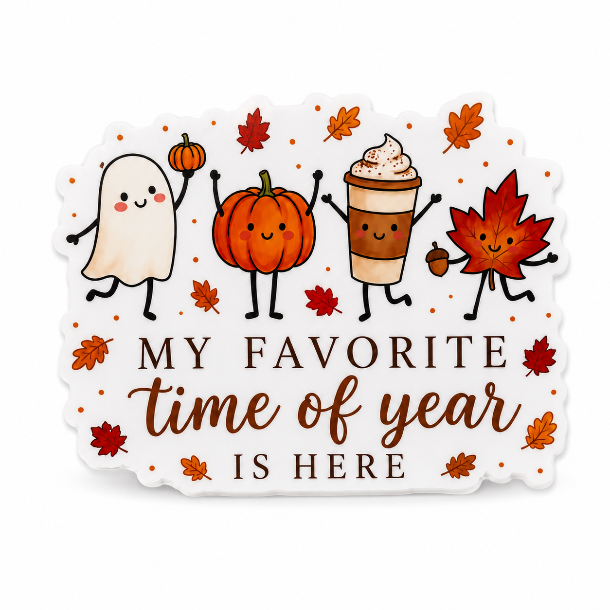 MY FAVORITE time of year IS HERE plastic add-on featuring a smiling ghost, pumpkin, pumpkin spice coffee, autumn leaf, and colorful fall leaves, compatible with interchangeable badge reel bases.