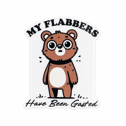 Plastic add-on featuring a surprised bear with the phrase "My Flabbers Have Been Gasted," compatible with interchangeable badge reel bases, funny animal lover accessory and cute badge topper.