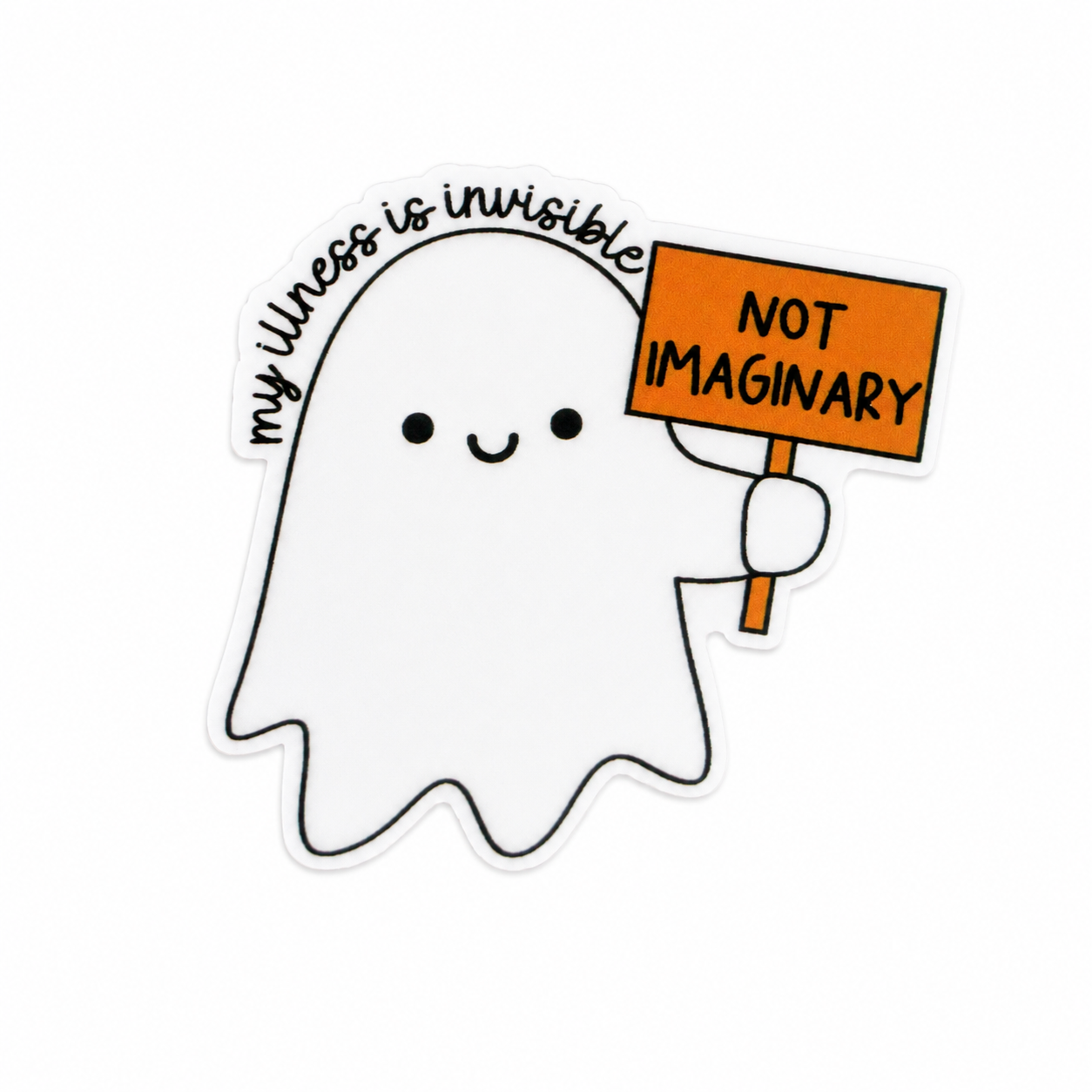 Plastic add-on featuring a cute ghost holding a "NOT IMAGINARY" sign with the phrase "my illness is invisible," compatible with interchangeable badge reel bases and promoting invisible illness awareness.