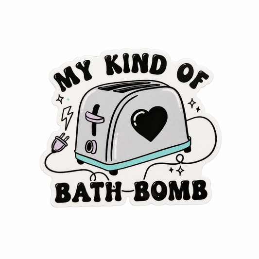 My Kind of Bath Bomb plastic add-on featuring a cute toaster with a heart design, compatible with interchangeable badge reel bases for fans of funny dark humor accessories.