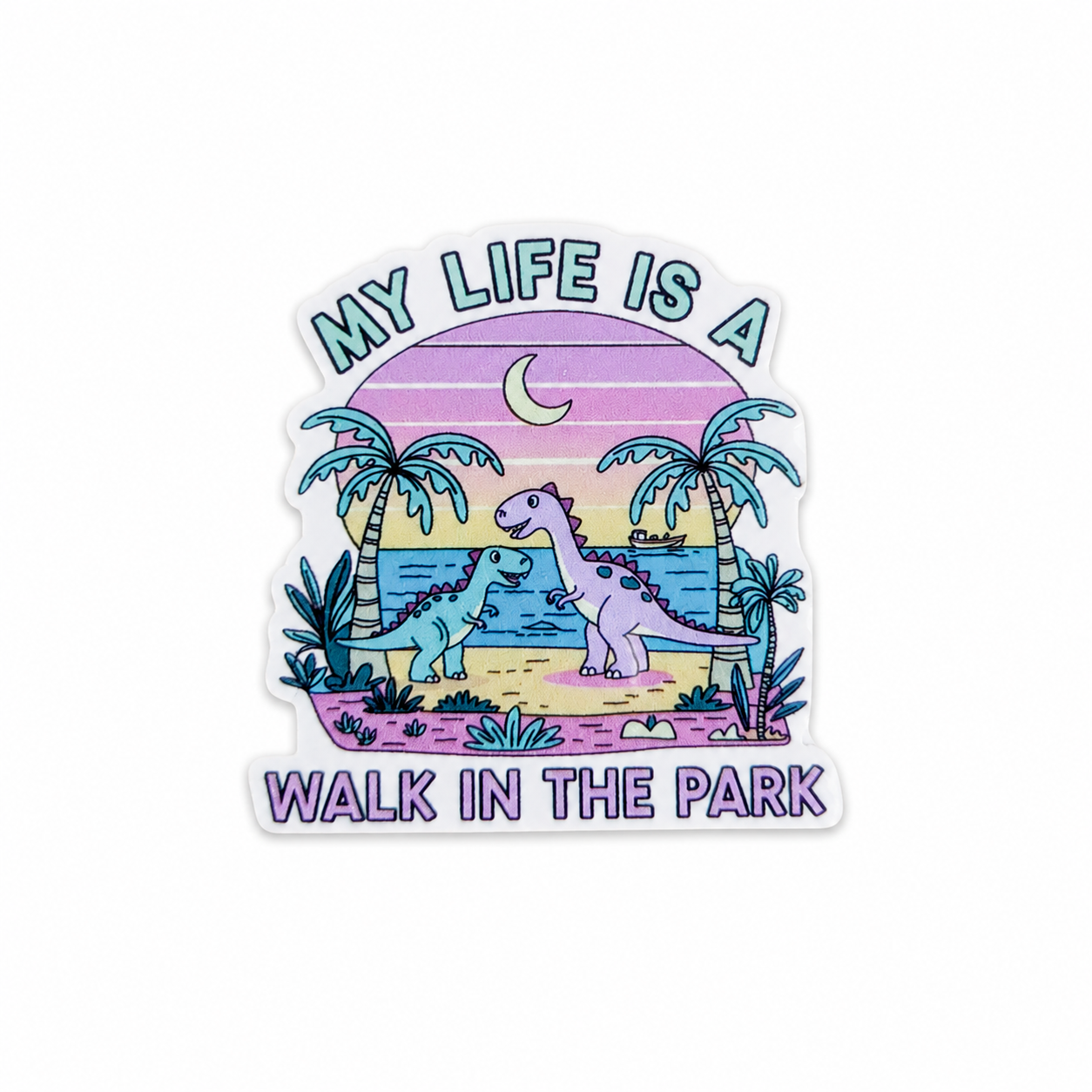 MY LIFE IS A WALK IN THE PARK plastic add-on featuring two pastel dinosaurs, palm trees, and a tropical beach scene, compatible with interchangeable badge reel bases.