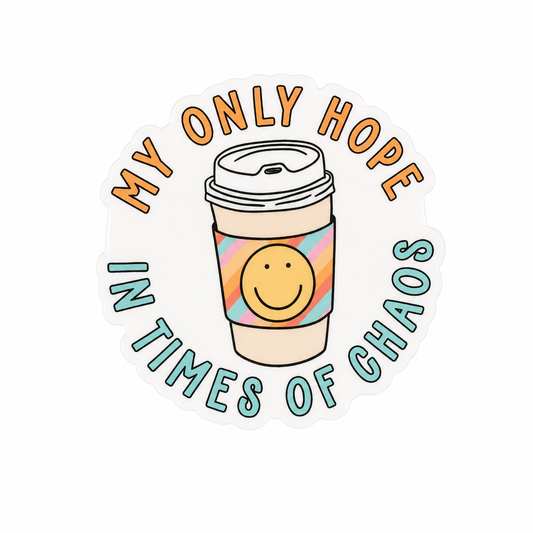 MY ONLY HOPE IN TIMES OF CHAOS plastic add-on with cute coffee cup design, compatible with interchangeable badge reel bases.