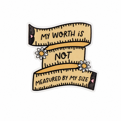 My Worth Is Not Measured By My Size plastic add-on with measuring tape and daisy design, compatible with interchangeable badge reel bases for a body positivity accessory.