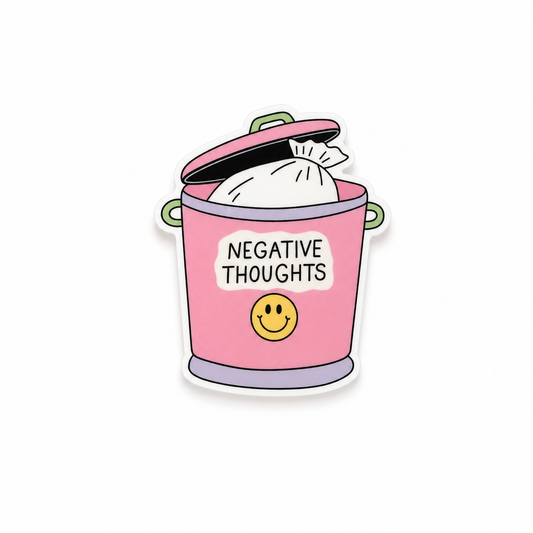 Negative Thoughts plastic add-on with pink trash can design and smiley face for compatible interchangeable badge reel bases, funny aesthetic healthcare worker accessory