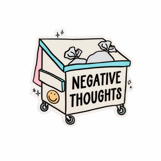 Negative Thoughts plastic add-on featuring a cute rolling dumpster with trash bags and a smiley face, compatible with interchangeable badge reel bases.