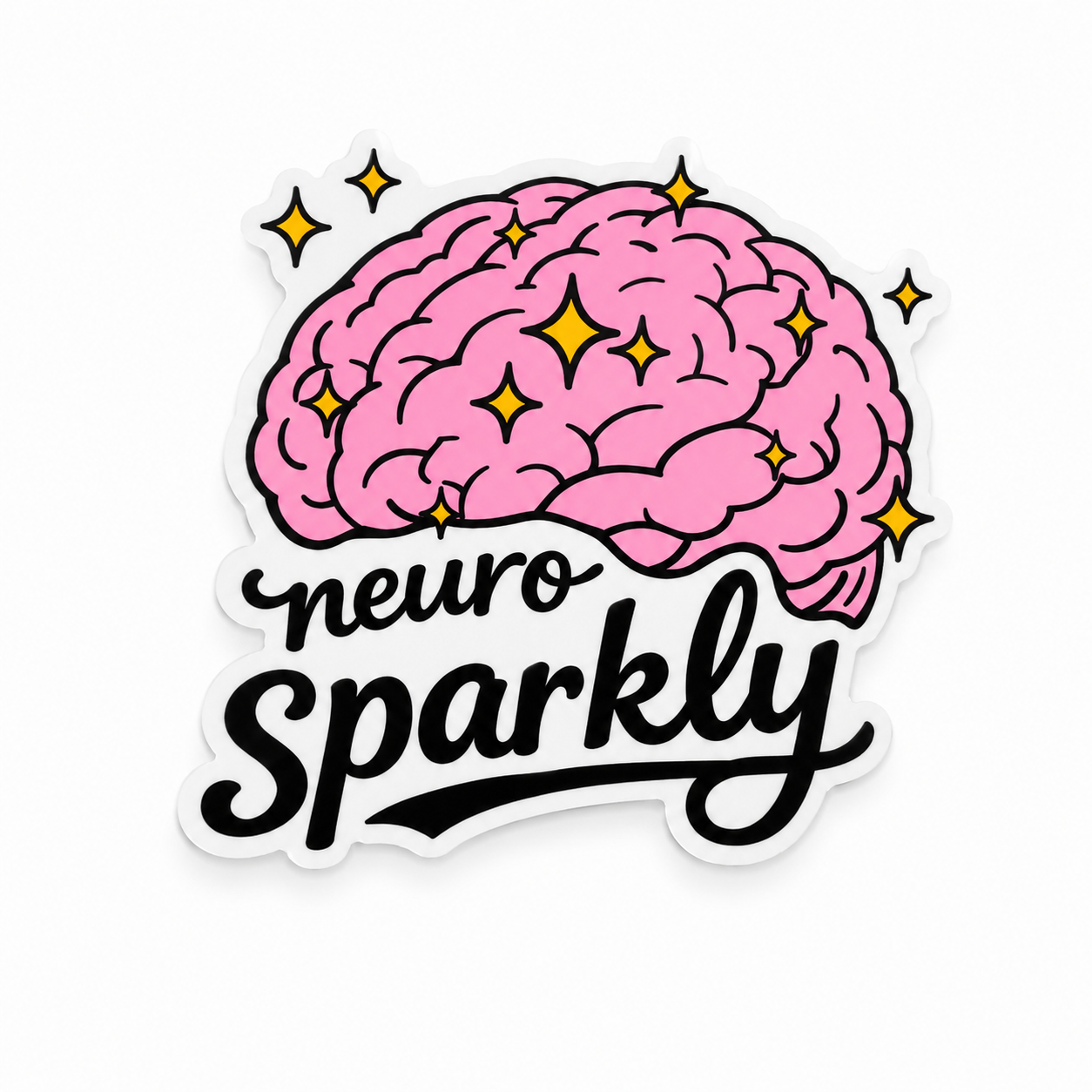 neuro Sparkly plastic add-on featuring a pink brain with sparkling stars, compatible with interchangeable badge reel bases.