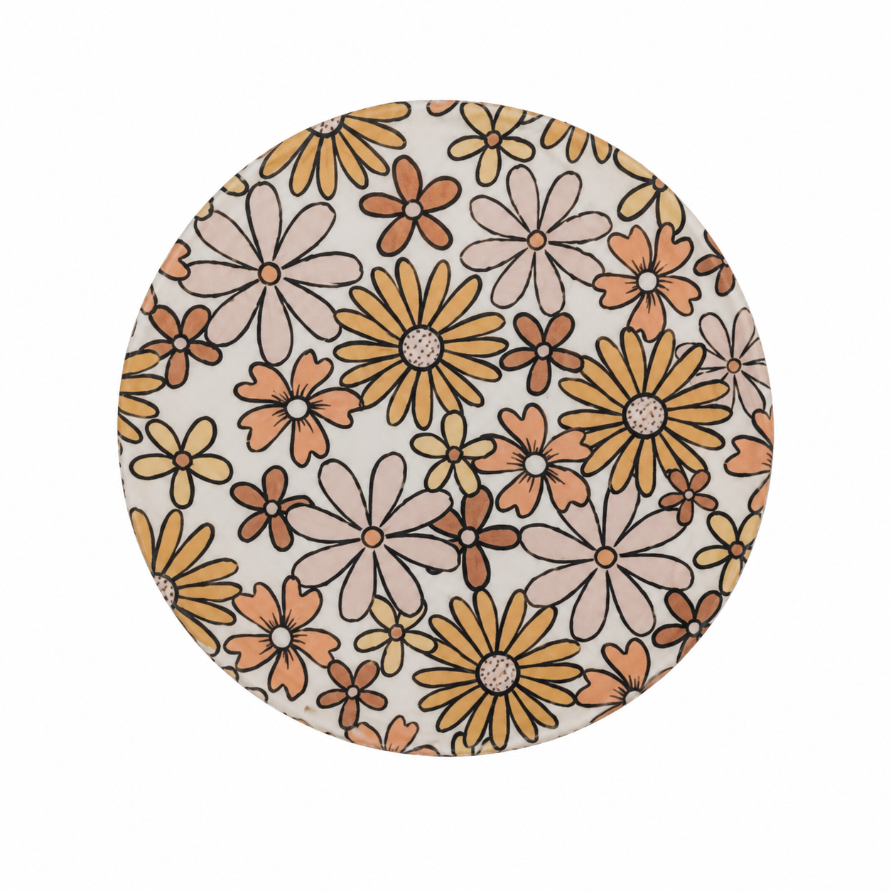 Retro daisy floral hard board add-on with peach, cream, pink and golden flowers, compatible with interchangeable badge reel bases for flower lovers.