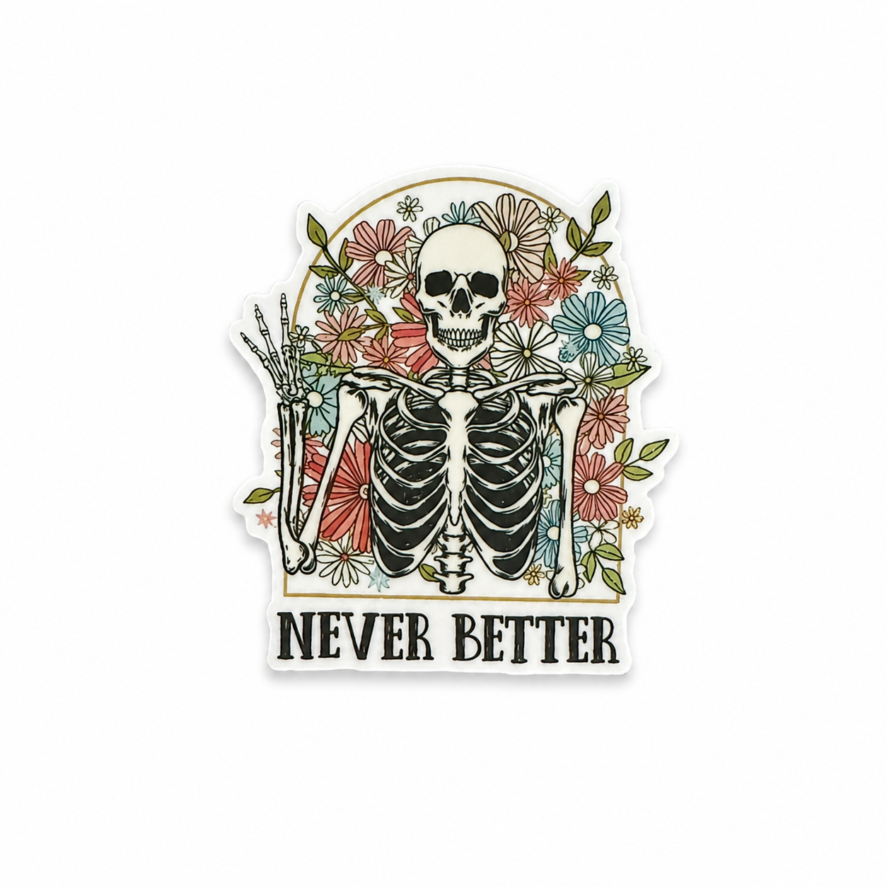 Never Better floral skeleton plastic add-on with spooky cute retro flower design for compatible interchangeable badge reel bases, funny healthcare worker accessory