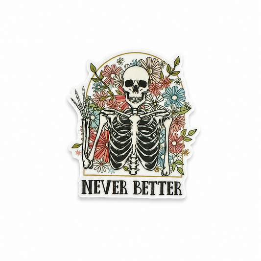 Never Better floral skeleton plastic add-on with spooky cute retro flower design for compatible interchangeable badge reel bases, funny healthcare worker accessory