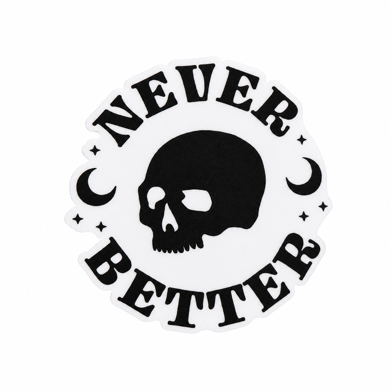 NEVER BETTER plastic add-on with black skull, moon, and stars design, compatible with interchangeable badge reel bases.