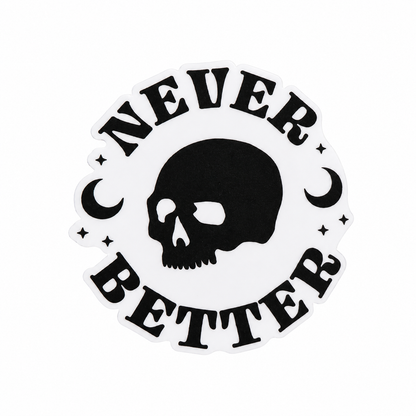 NEVER BETTER plastic add-on with black skull, moon, and stars design, compatible with interchangeable badge reel bases.