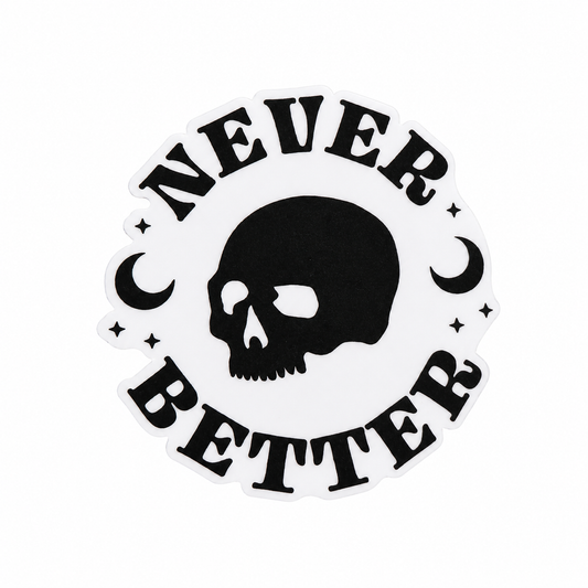NEVER BETTER plastic add-on with black skull, moon, and stars design, compatible with interchangeable badge reel bases.