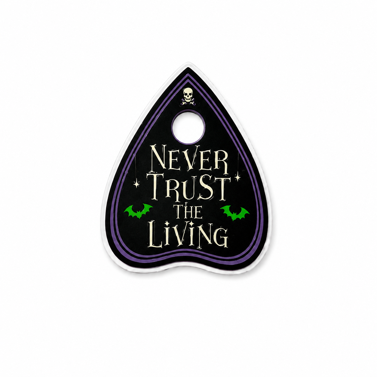 Never Trust the Living plastic add-on with spooky gothic planchette design and bats compatible with interchangeable badge reel bases