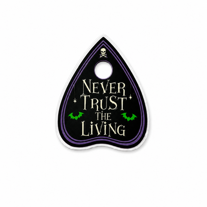 Never Trust the Living plastic add-on with spooky gothic planchette design and bats compatible with interchangeable badge reel bases
