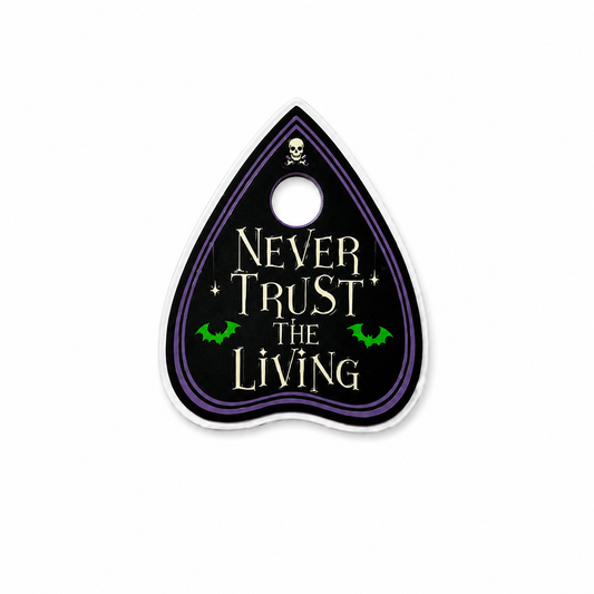 Never Trust the Living plastic add-on with spooky gothic planchette design and bats compatible with interchangeable badge reel bases
