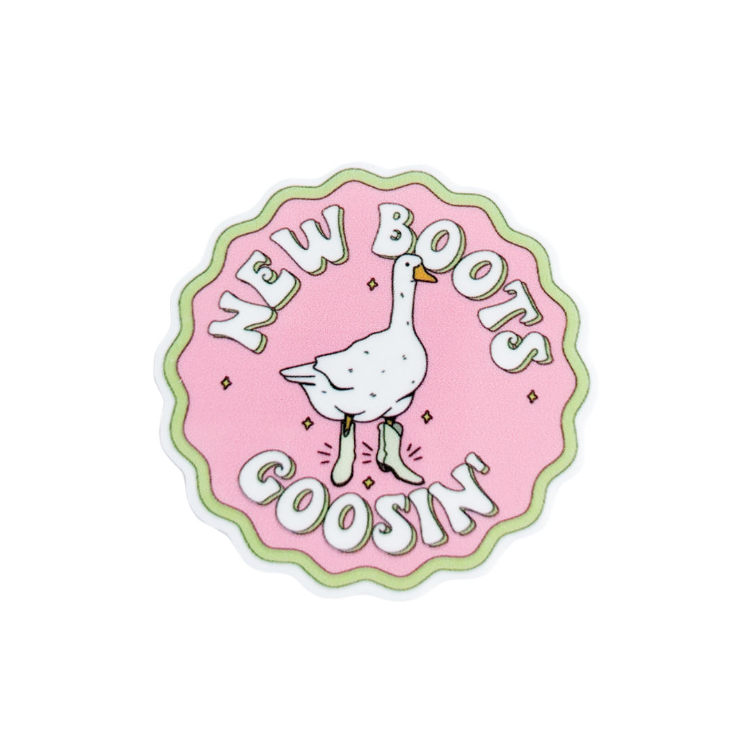NEW BOOTS GOOSIN plastic add-on featuring a cute goose wearing boots on a pink western-inspired design, compatible with interchangeable badge reel bases and perfect for goose lovers