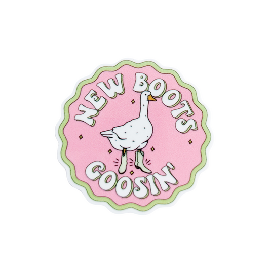 NEW BOOTS GOOSIN plastic add-on featuring a cute goose wearing boots on a pink western-inspired design, compatible with interchangeable badge reel bases and perfect for goose lovers