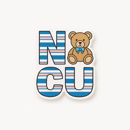NICU bear plastic add-on with pastel stripes and teddy bear design for compatible interchangeable badge reel bases