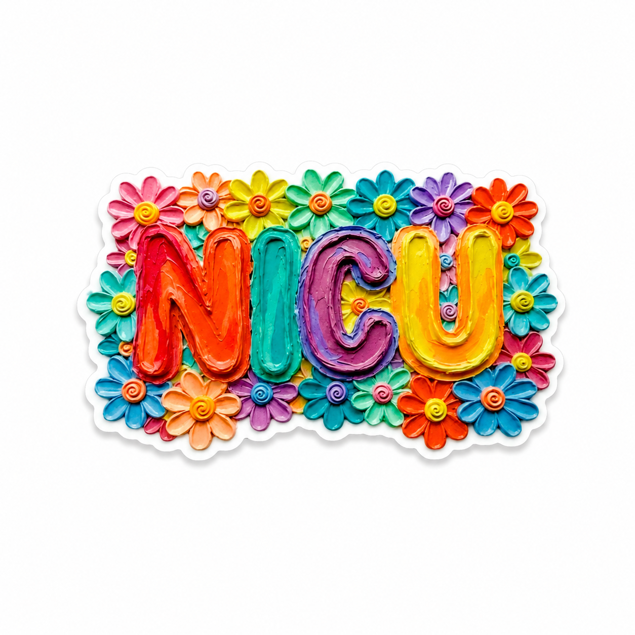 NICU plastic add-on featuring colorful rainbow-style NICU lettering surrounded by flowers, compatible with interchangeable badge reel bases and perfect for neonatal nurses.
