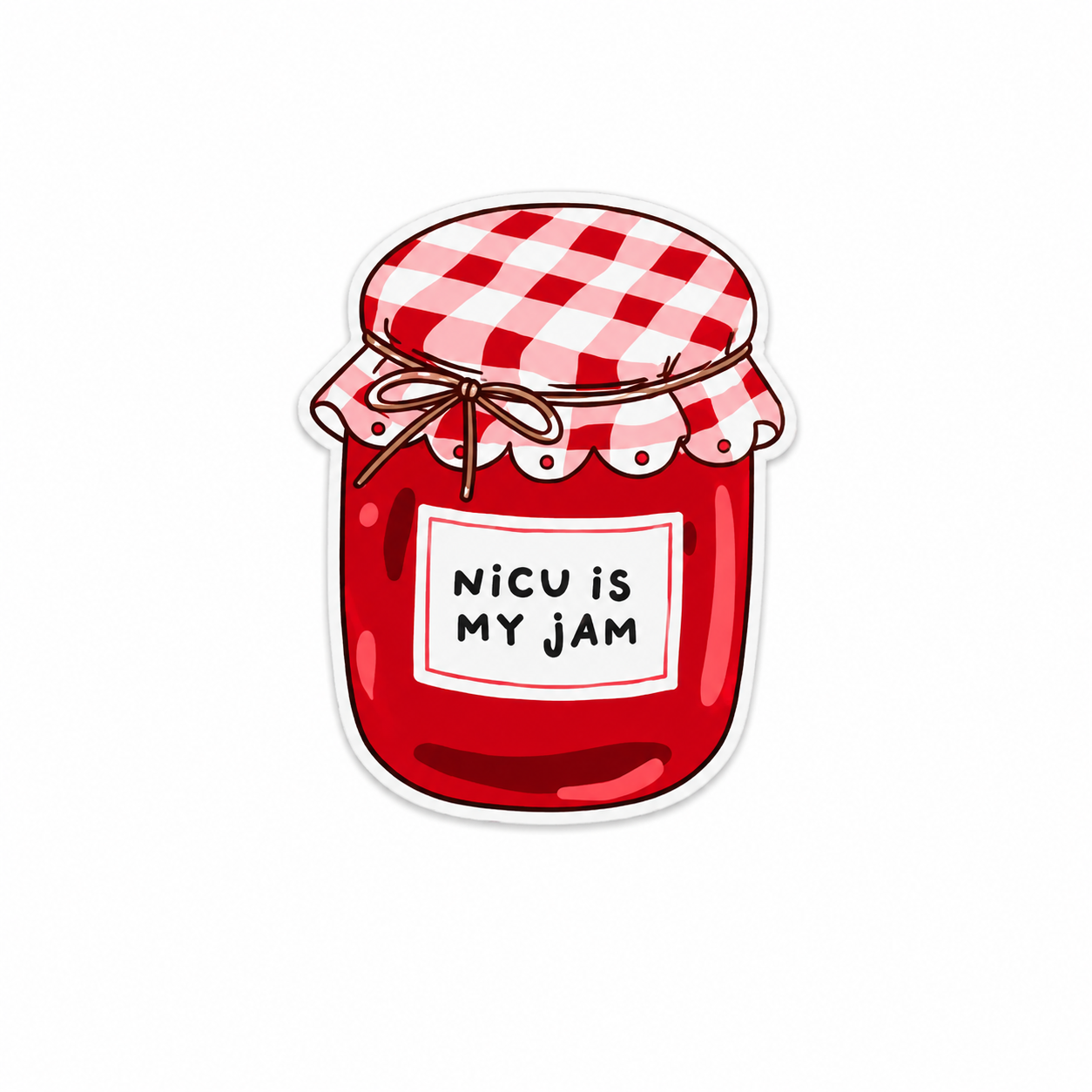 Cute NICU Is My Jam plastic add-on designed like a strawberry jam jar compatible with interchangeable badge reel bases for neonatal nurses and healthcare workers.