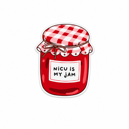 Cute NICU Is My Jam plastic add-on designed like a strawberry jam jar compatible with interchangeable badge reel bases for neonatal nurses and healthcare workers.