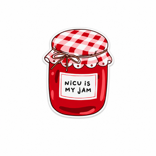 Cute NICU Is My Jam plastic add-on designed like a strawberry jam jar compatible with interchangeable badge reel bases for neonatal nurses and healthcare workers.