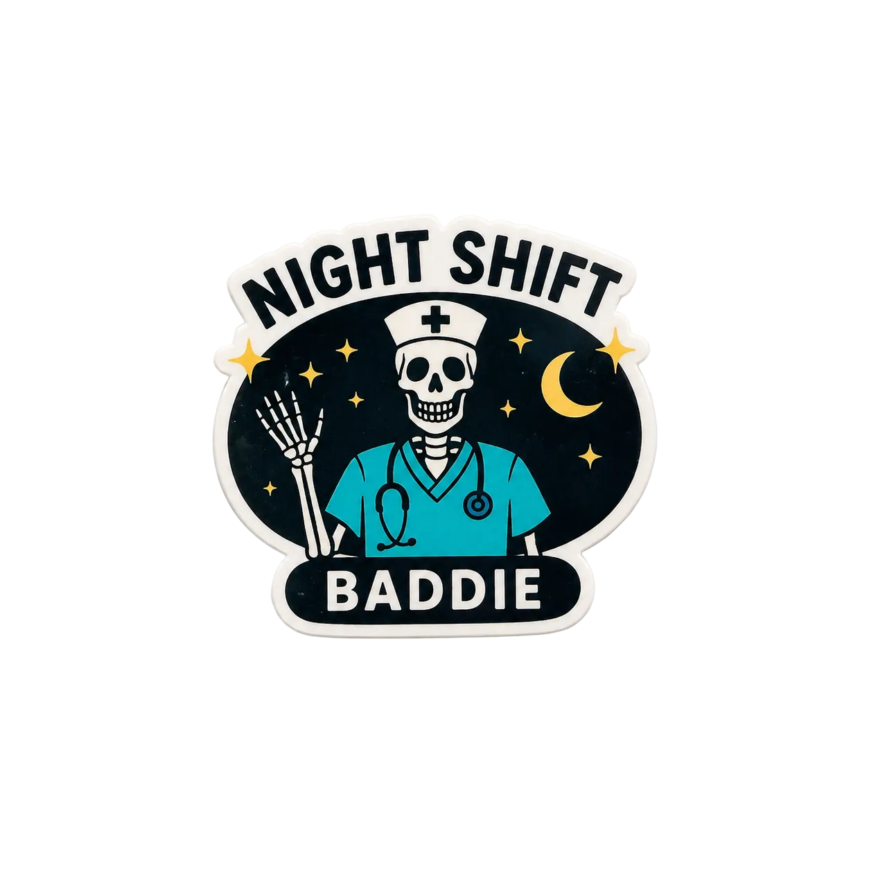 Night Shift Baddie skeleton nurse plastic add-on for badge reels designed for nurses and healthcare workers