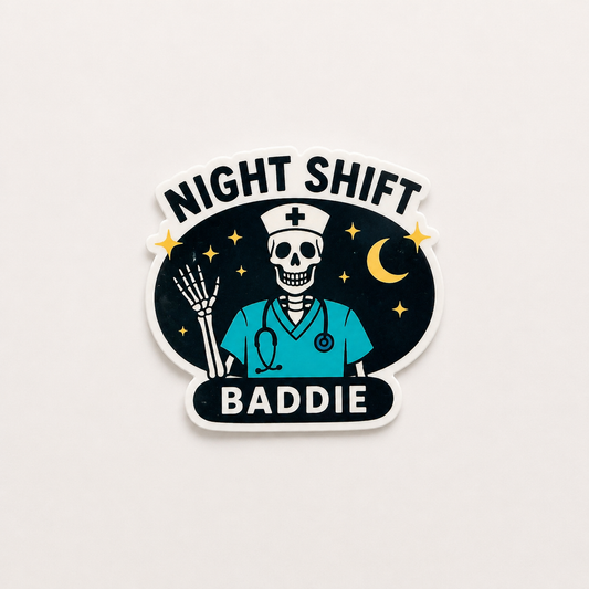 Night Shift Baddie skeleton nurse plastic add-on for badge reels designed for nurses and healthcare workers