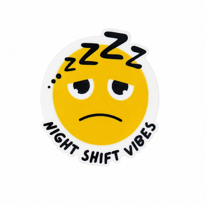Night Shift Vibes plastic add-on featuring a sleepy emoji face, compatible with interchangeable badge reel bases, funny night shift worker accessory