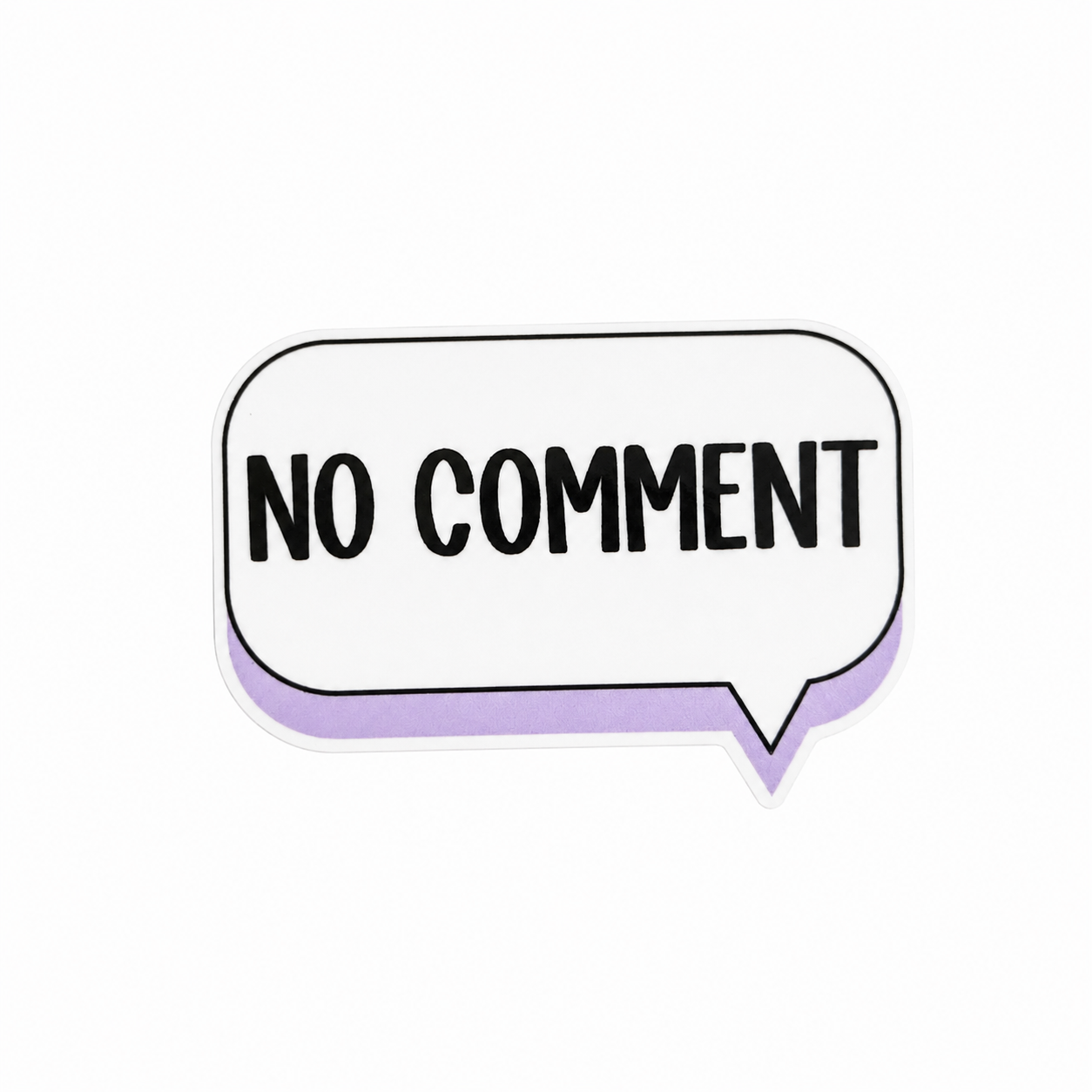 NO COMMENT plastic add-on featuring a speech bubble design, compatible with interchangeable badge reel bases, funny sarcastic work accessory and relatable badge topper