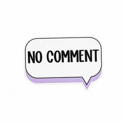 NO COMMENT plastic add-on featuring a speech bubble design, compatible with interchangeable badge reel bases, funny sarcastic work accessory and relatable badge topper