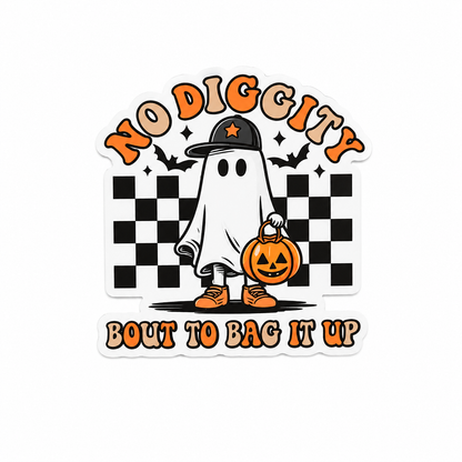 No Diggity Bout To Bag It Up plastic add-on with a cute ghost, pumpkin bag, bats, and checkered background, compatible with interchangeable badge reel bases