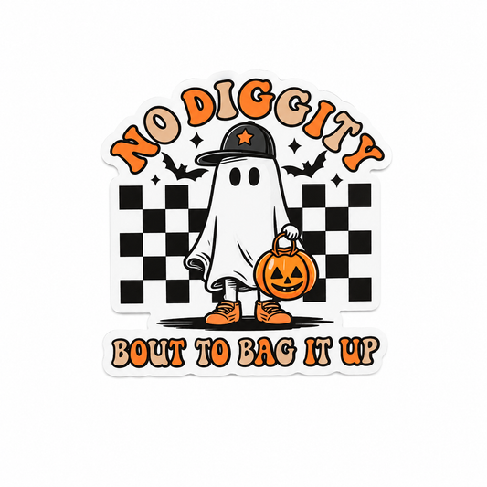No Diggity Bout To Bag It Up plastic add-on with a cute ghost, pumpkin bag, bats, and checkered background, compatible with interchangeable badge reel bases