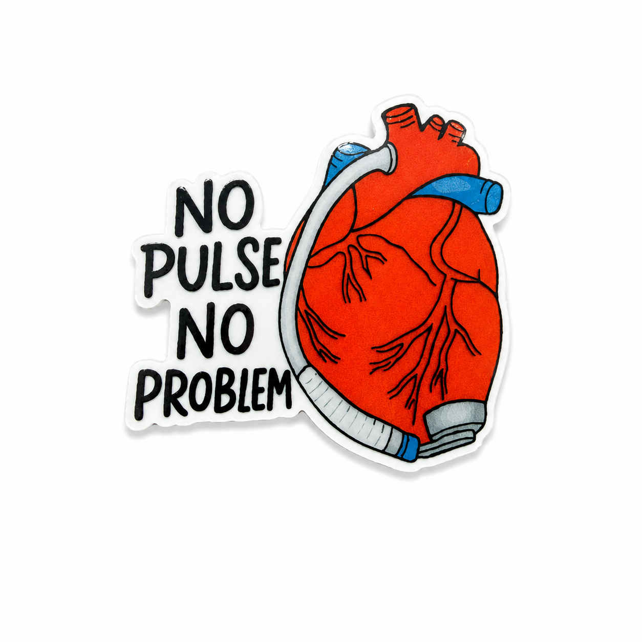 Plastic add-on featuring an anatomical heart with airway tubing and the phrase "NO PULSE NO PROBLEM," compatible with interchangeable badge reel bases and ideal for healthcare workers
