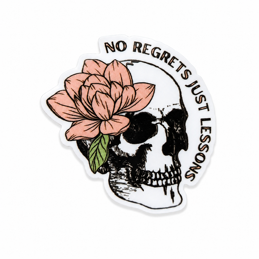 NO REGRETS JUST LESSONS plastic add-on with skull and pink flower design, compatible with interchangeable badge reel bases.