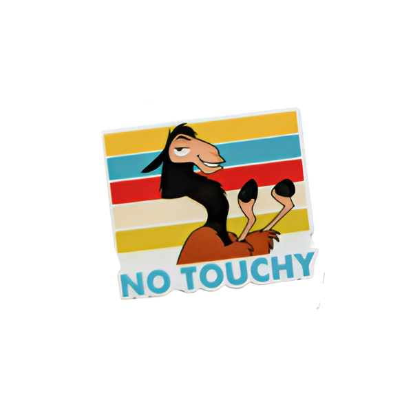 Colorful llama plastic add-on with “No Touchy” text compatible with interchangeable badge reel bases for nurses and healthcare workers.