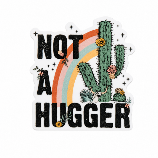 NOT A HUGGER plastic add-on with cactus, rainbow, and floral design, compatible with interchangeable badge reel bases, funny cactus lover work badge accessory.
