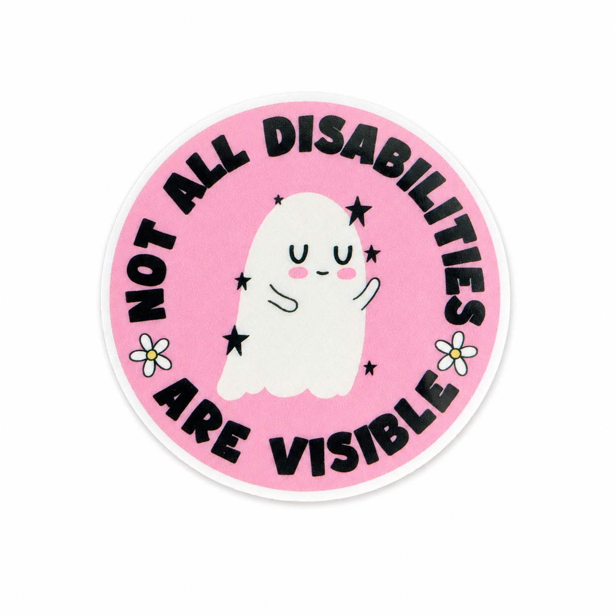Plastic add-on featuring the phrase "Not All Disabilities Are Visible" with a cute ghost, flowers, and pink background, compatible with interchangeable badge reel bases and promoting disability awareness.