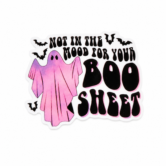 Not In The Mood For Your Boo Sheet plastic add-on with pink ghost and bats, compatible with interchangeable badge reel bases