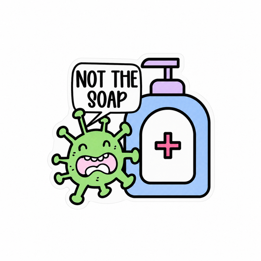 Not The Soap plastic add-on featuring a cartoon germ and soap dispenser design, compatible with interchangeable badge reel bases, funny nurse and healthcare worker accessory