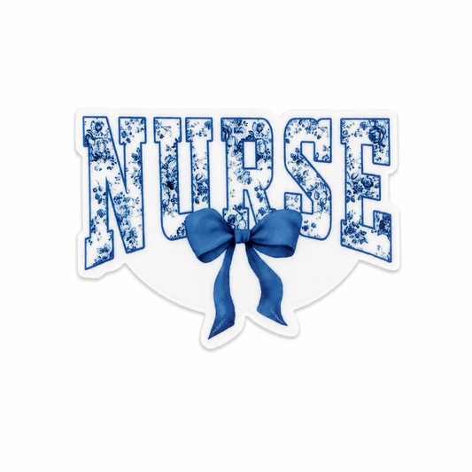 NURSE plastic add-on with blue floral lettering and blue bow, compatible with interchangeable badge reel bases, perfect for nurses and healthcare workers.