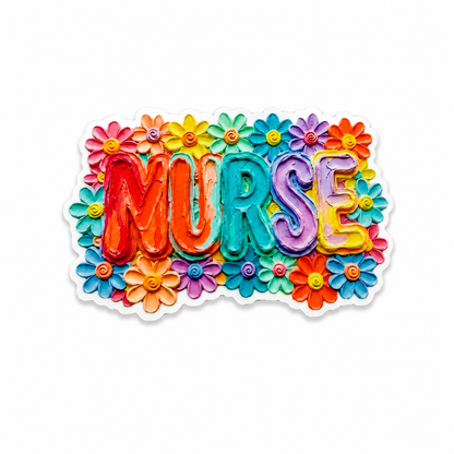 NURSE plastic add-on featuring colorful lettering surrounded by bright flowers, compatible with interchangeable badge reel bases and perfect for nurses.