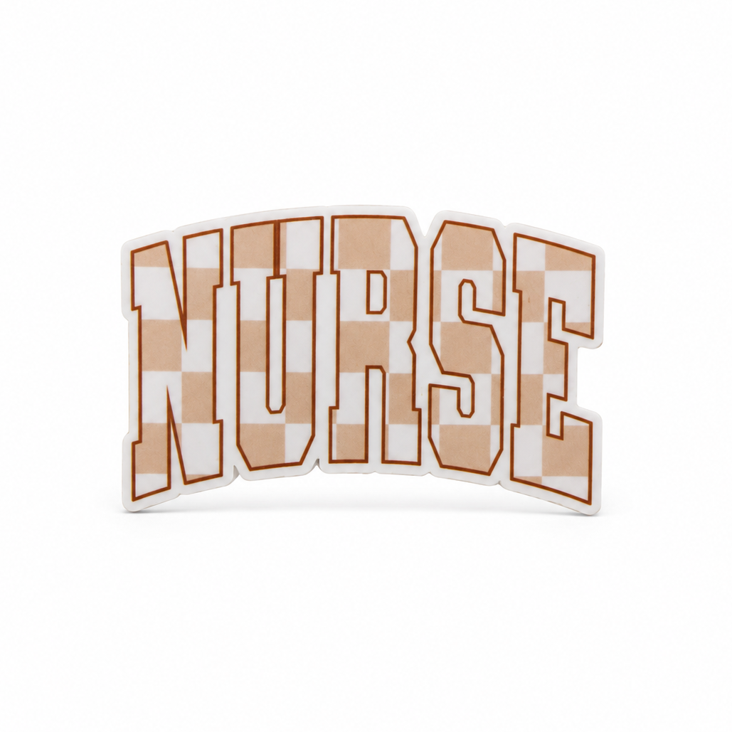 NURSE plastic add-on with bold neutral cream and tan collegiate lettering, compatible with interchangeable badge reel bases for nurses and healthcare workers.