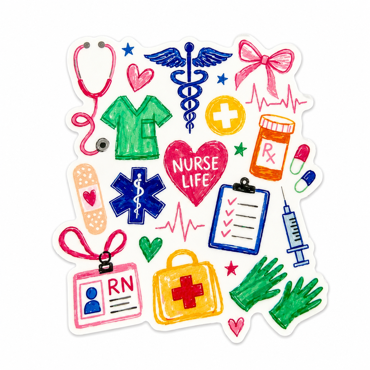 Nurse Life plastic add-on featuring scrubs, stethoscope, RN badge, syringe, gloves, medication bottle, and medical symbols, compatible with interchangeable badge reel bases