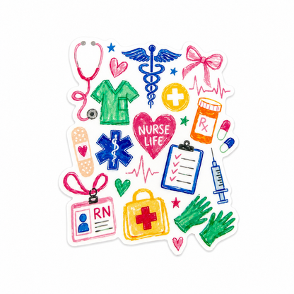Nurse Life plastic add-on featuring scrubs, stethoscope, RN badge, syringe, gloves, medication bottle, and medical symbols, compatible with interchangeable badge reel bases