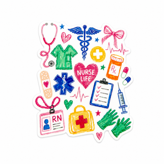 Nurse Life plastic add-on featuring scrubs, stethoscope, RN badge, syringe, gloves, medication bottle, and medical symbols, compatible with interchangeable badge reel bases