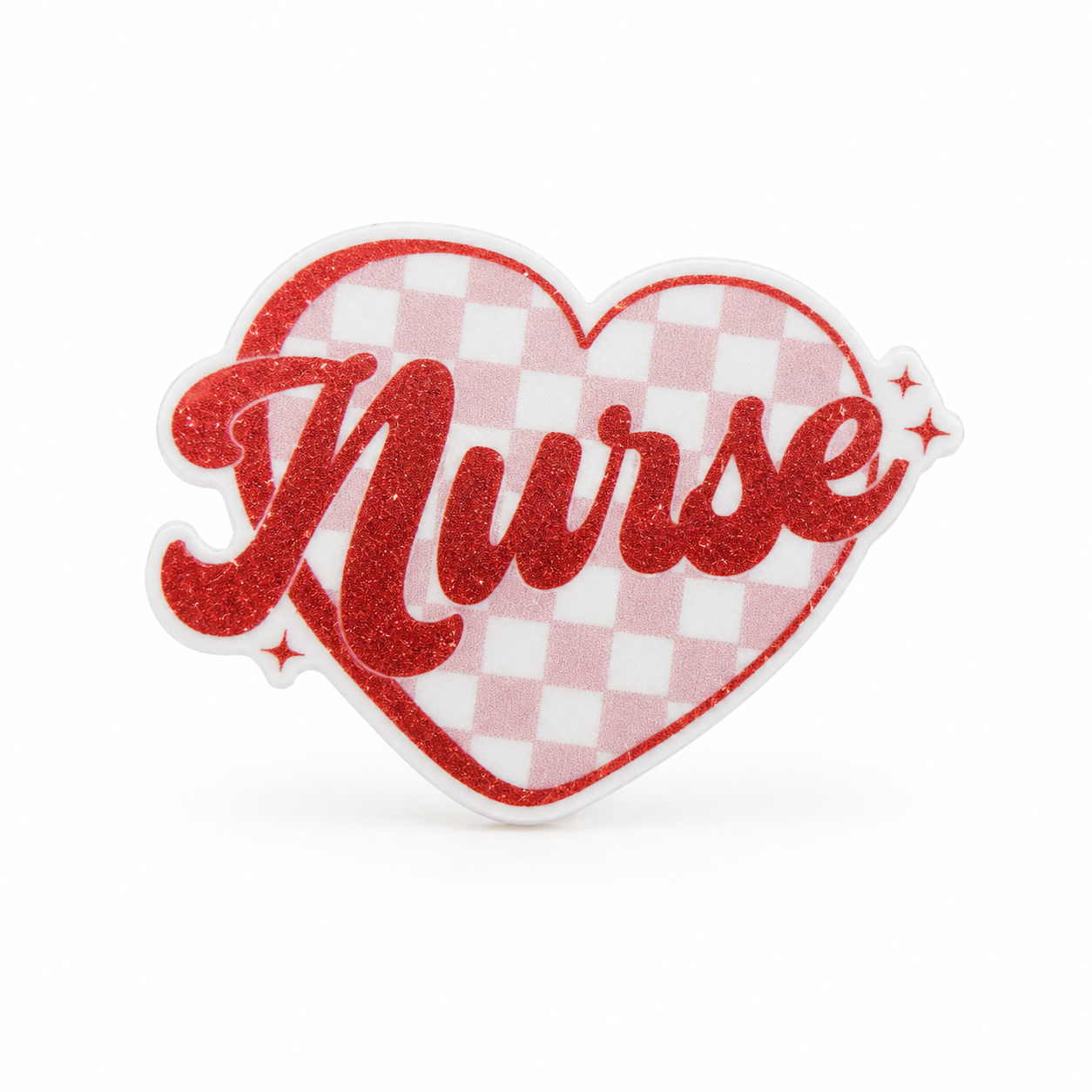 Nurse plastic add-on with red script, a pink checkered heart, and sparkle accents, compatible with interchangeable badge reel bases for nurses